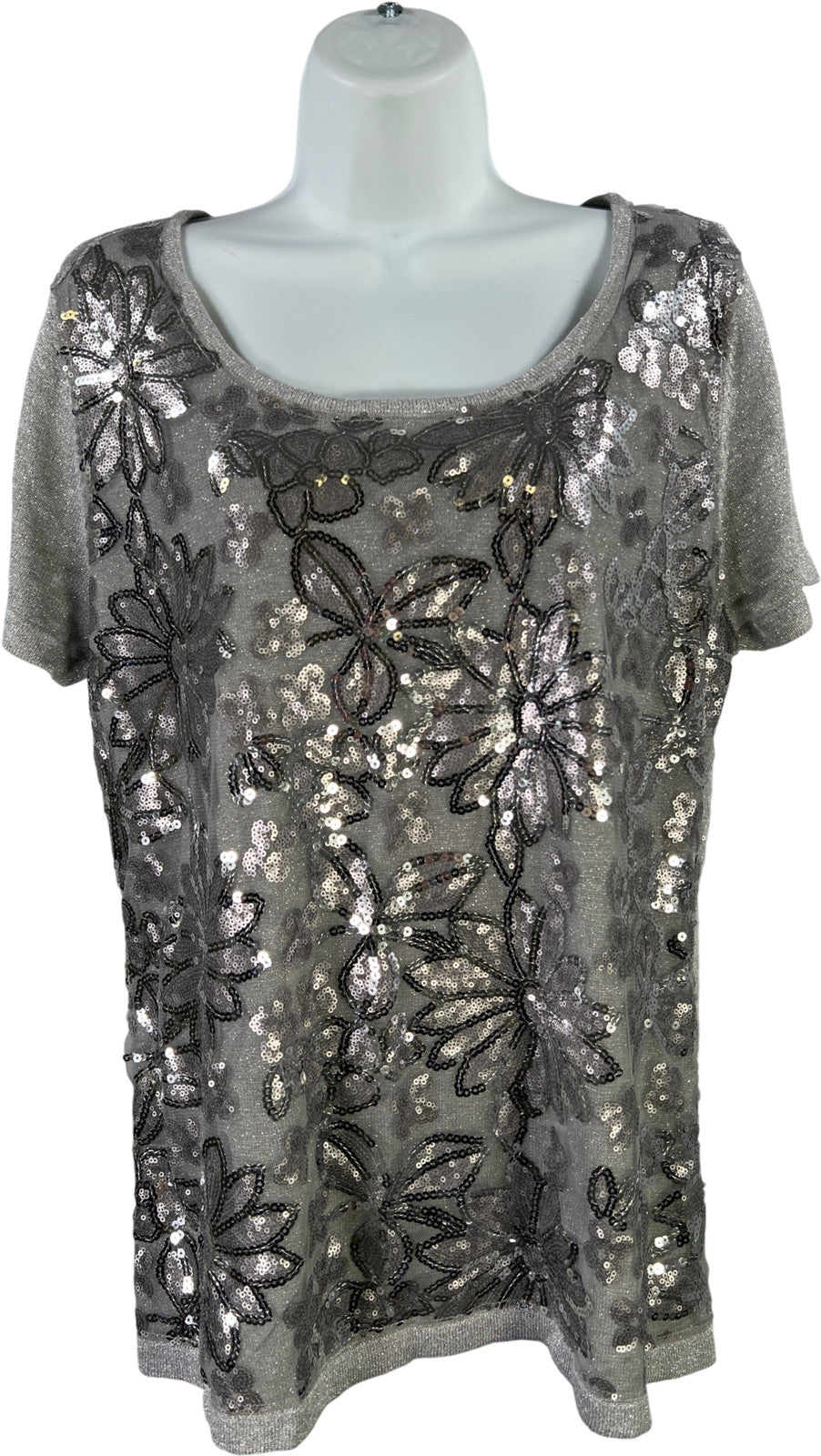 Joseph A Women’s Gray/Silver Sequin Metallic Short Sleeve Shirt - L
