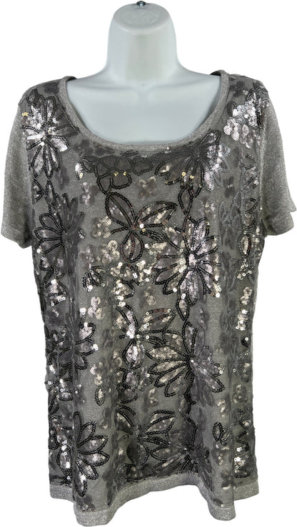 Joseph A Women’s Gray/Silver Sequin Metallic Short Sleeve Shirt - L