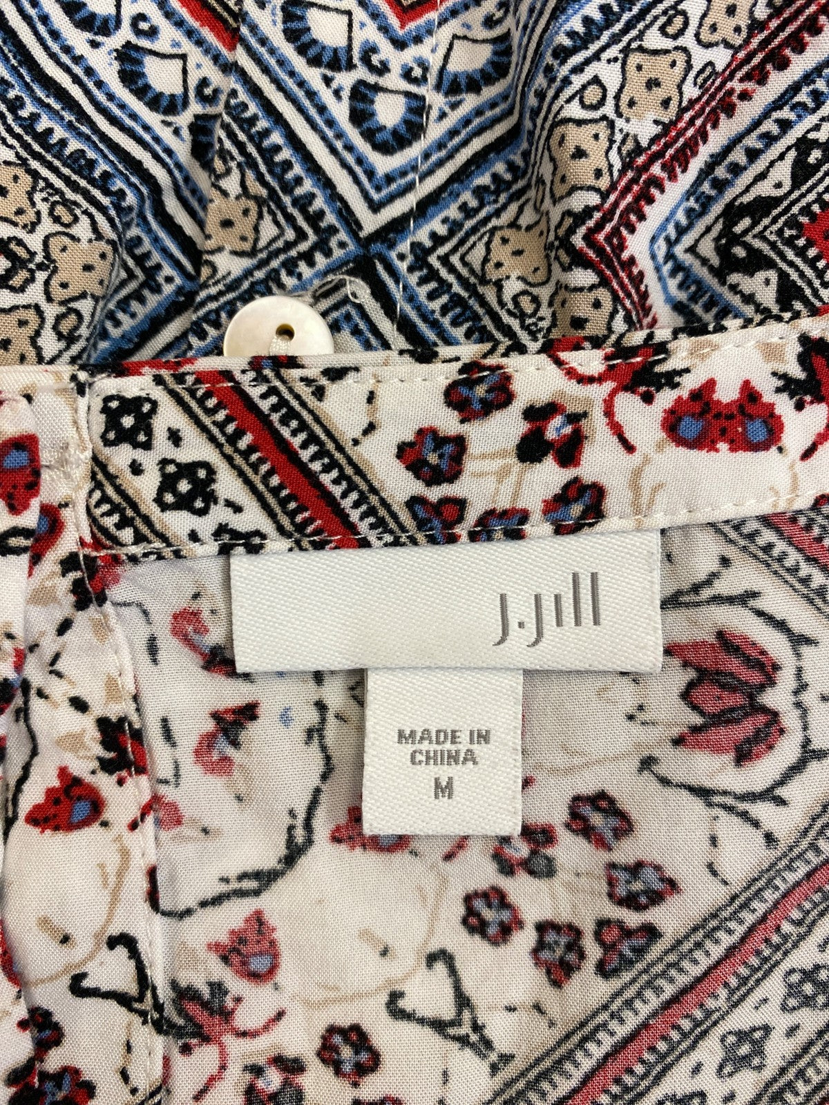J.Jill Women’s White/Multicolor Button Back 3/4 Sleeve Shirt - M