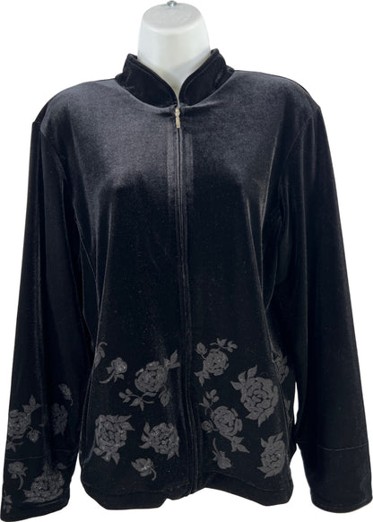 Coldwater Creek Women’s Black Velour Floral Full Zip Jacket - M