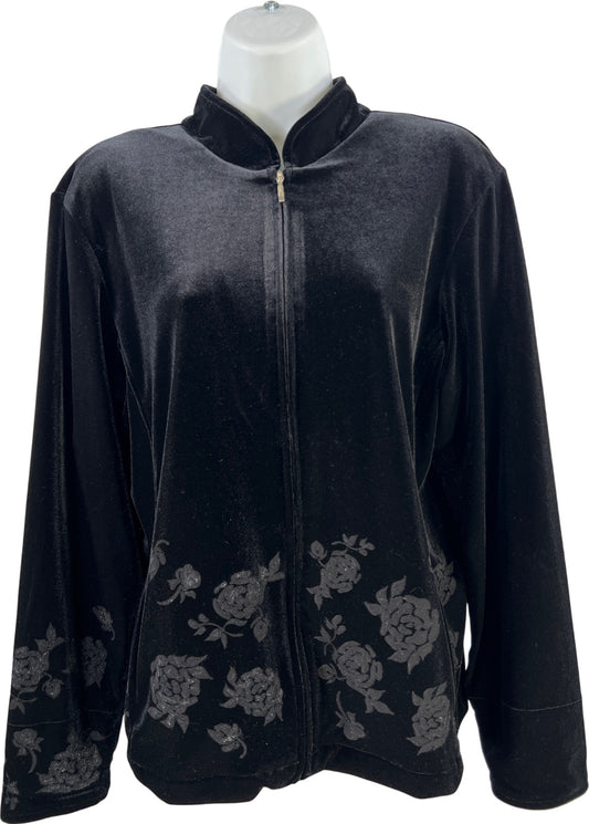Coldwater Creek Women’s Black Velour Floral Full Zip Jacket - M