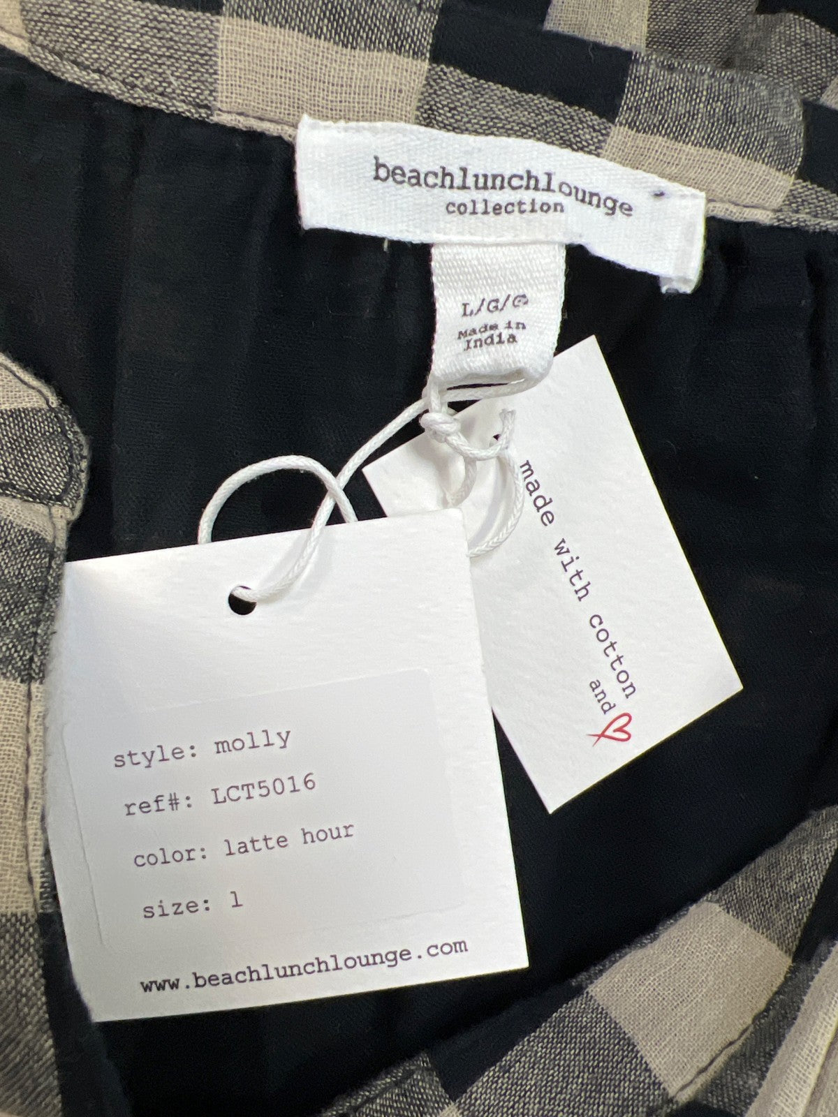 Beach Lunch Lounge Women’s Black/Beige Molly Checkered 3/4 Sleeve Blouse - L