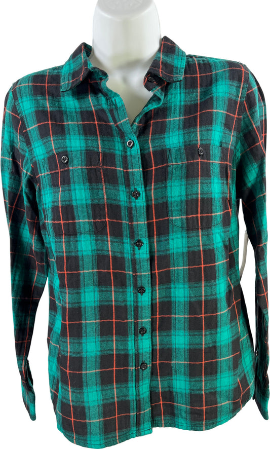 St.Johns Bay Women’s Green/Black Plaid Long Sleeve Flannel Shirt - Petite S