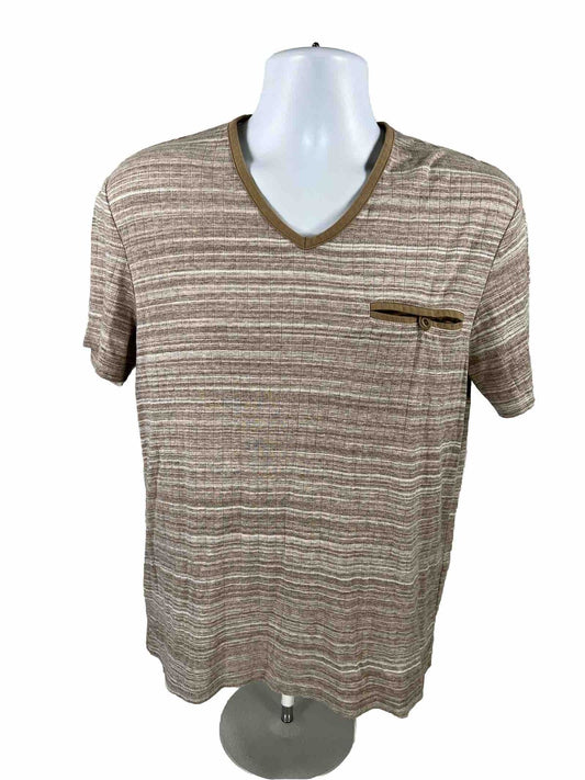 Perry Ellis Men's Brown Striped Short Sleeve V-Neck T-Shirt - M