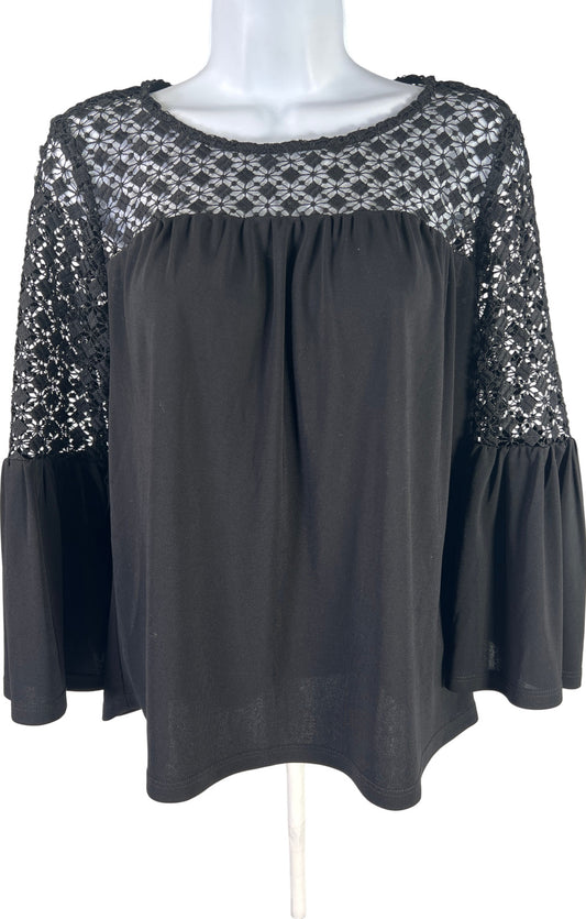 White House Black Market Women’s Black Bell Sleeve Lace Top Blouse - XS