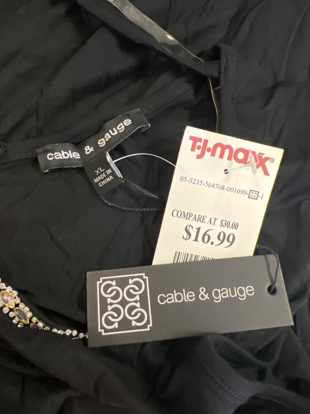 Cable and Gauge Women’s Black Rhinestone Neckline Blouse - XL