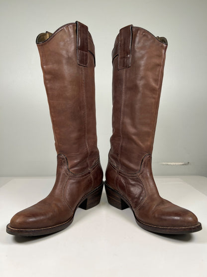 Janet and Janet Women’s Brown Leather Heeled Fashion Western Boots - 38/US 7
