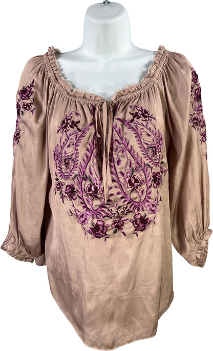 White House Black Market Women’s Beige/Purple Embroidered 3/4 Sleeve Blouse - S