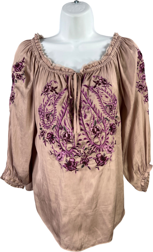 White House Black Market Women’s Beige/Purple Embroidered 3/4 Sleeve Blouse - S
