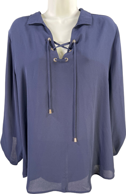 Chico’s Women’s Blue Semi-Sheer Roll Sleeve Lace Up Blouse - 1/US M