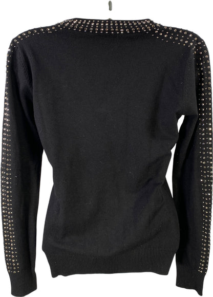 Vila Milano Women’s Black Long Studded Sleeve V-Neck Wool Blend Sweater - S