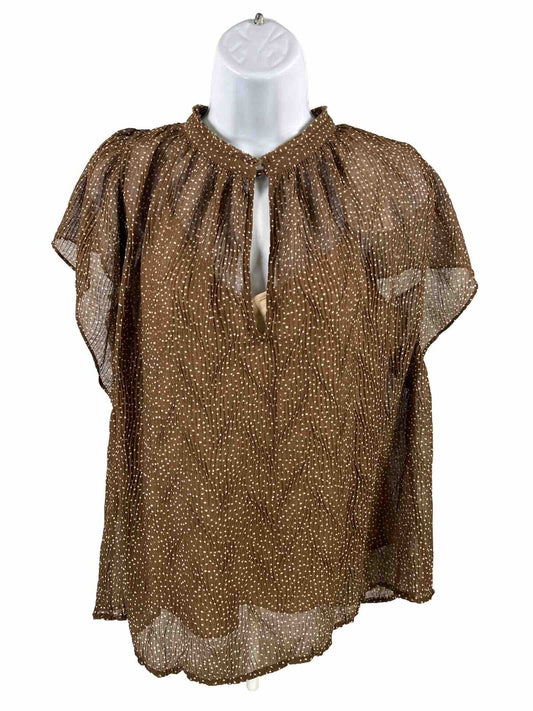 NEW Vince Women's Brown Starry Dot Sheer Lined Pleated Blouse - L