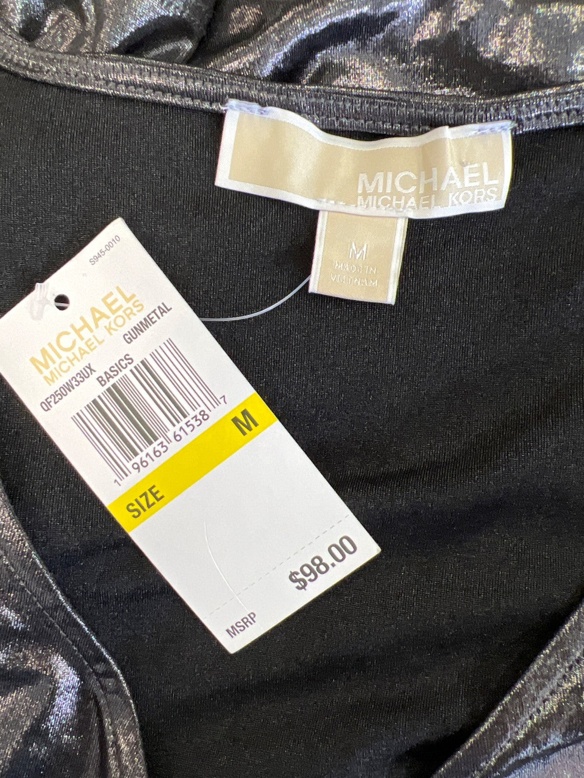 Michael Kors Women’s Black Metallic Cinched Front V-Neck Shirt - M