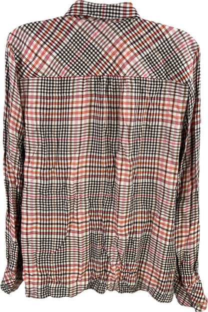 J.Jill Women’s Pink/Black Plaid Long Sleeve Button Up Ruffle Front Blouse - M