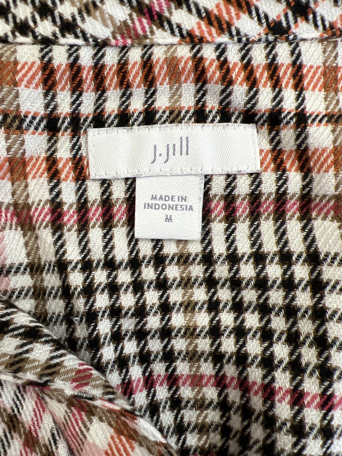 J.Jill Women’s Pink/Black Plaid Long Sleeve Button Up Ruffle Front Blouse - M