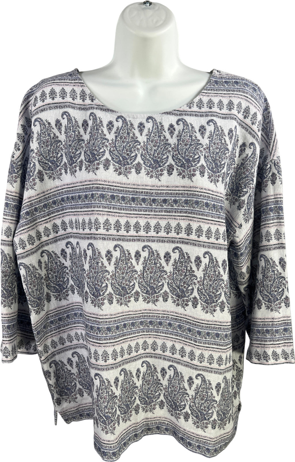 Pure J.Jill Women’s White/Blue Paisley 3/4 Sleeve Hemp Shirt - M