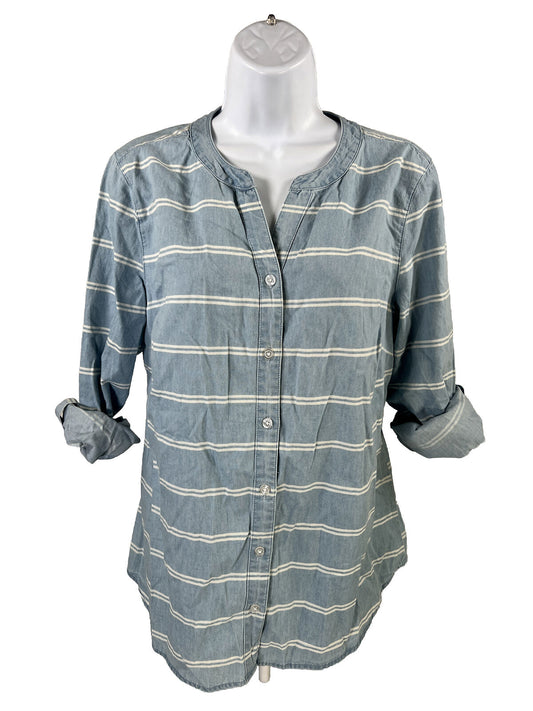 Chico's Women's Blue/White Striped Roll Sleeve Button Up Shirt - 1/US M
