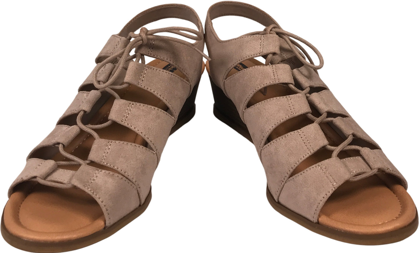 Dr. Schools Women’s Taupe Suede Court Peep Toe Wedge Sandals - 9.5