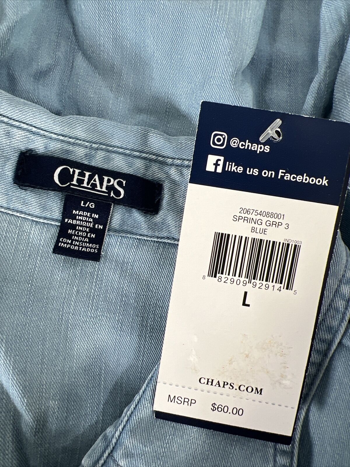 NUEVO Camisa de cambray de manga 3/4 azul de manga corta de Chaps para mujer - L
