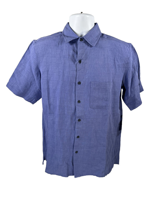 NUEVO Camisa con botones de seda de manga corta azul de Tasso Ella Island para hombre - S