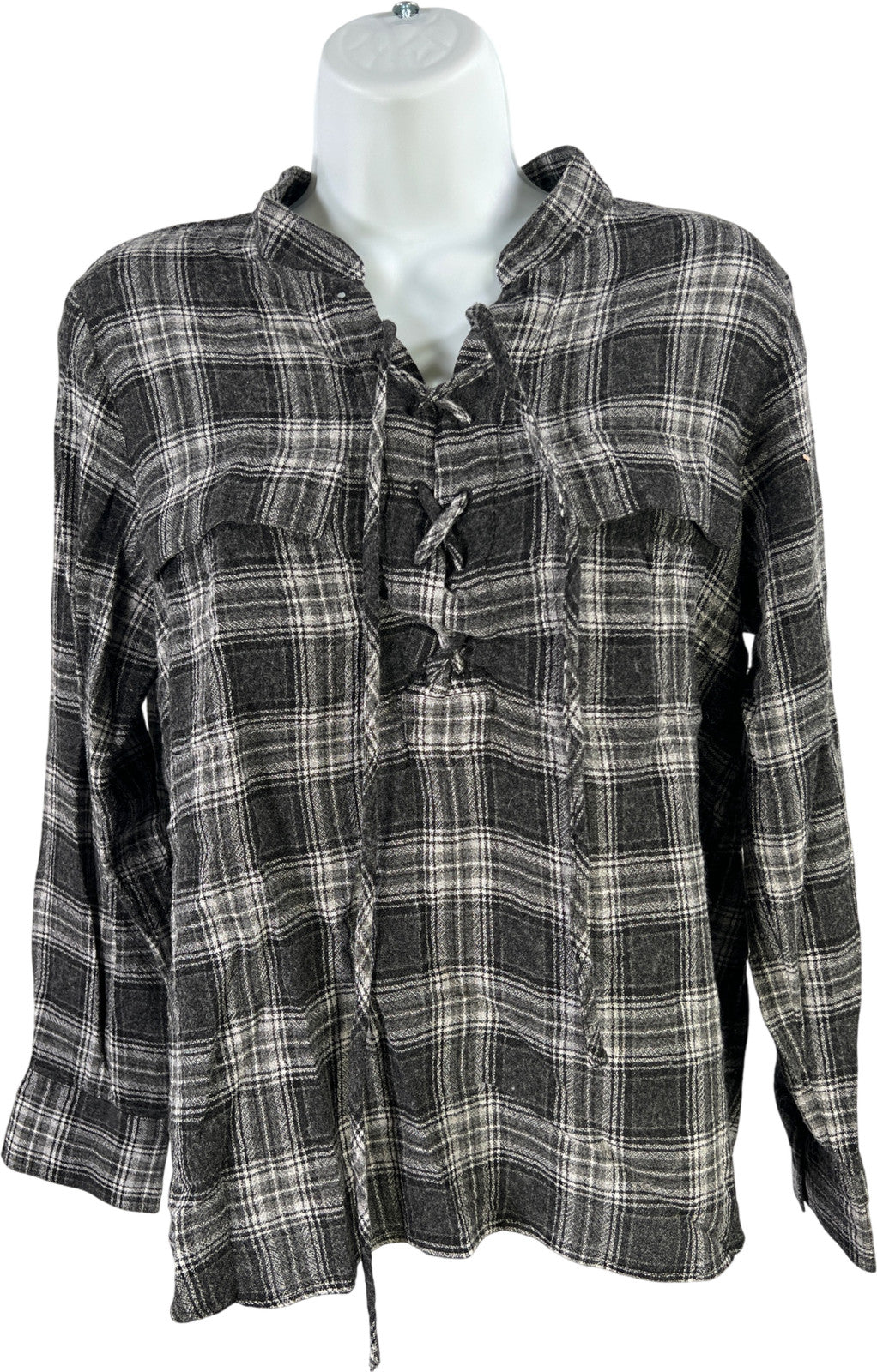 Madewell Women’s Black/Gray Plaid Lace Up Front Long Sleeve Shirt - M