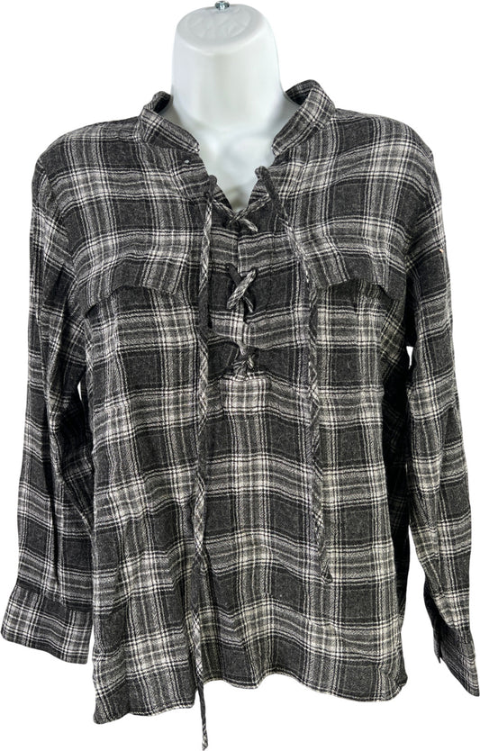 Madewell Women’s Black/Gray Plaid Lace Up Front Long Sleeve Shirt - M