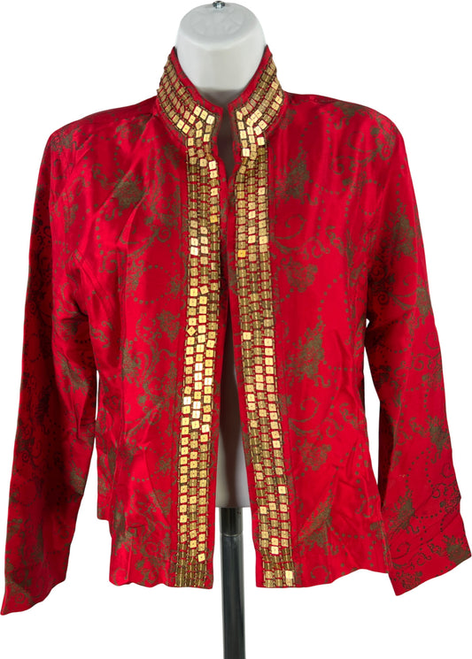 Chico’s Women’s Red/Gold Beaded Lightweight Blazer Jacket - 1/US M