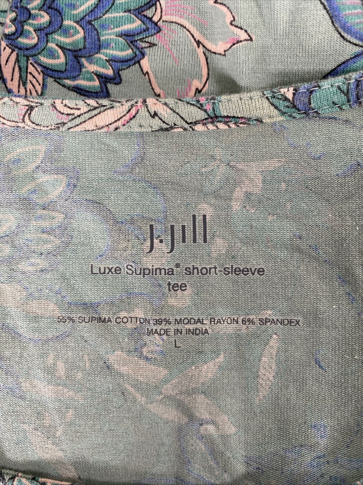 J.Jill Women's Green Floral Luxe Supima Short Sleeve T-Shirt - L
