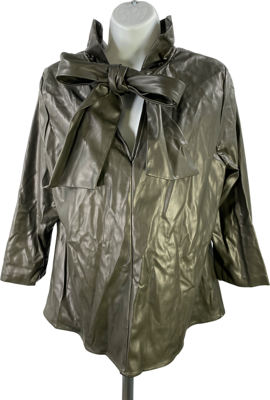 Tuckernuck Women’s Olive Green Ruffle Trim Tie Back Faux Leather Blouse - L