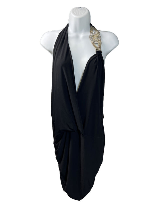 NEW Cache Women's Black Rhinestone Strap Halter Cocktail Dress - M