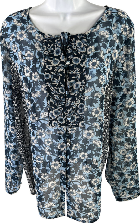 J. Jill Women’s Blue Floral Sheer Long Sleeve Button Up Top - M