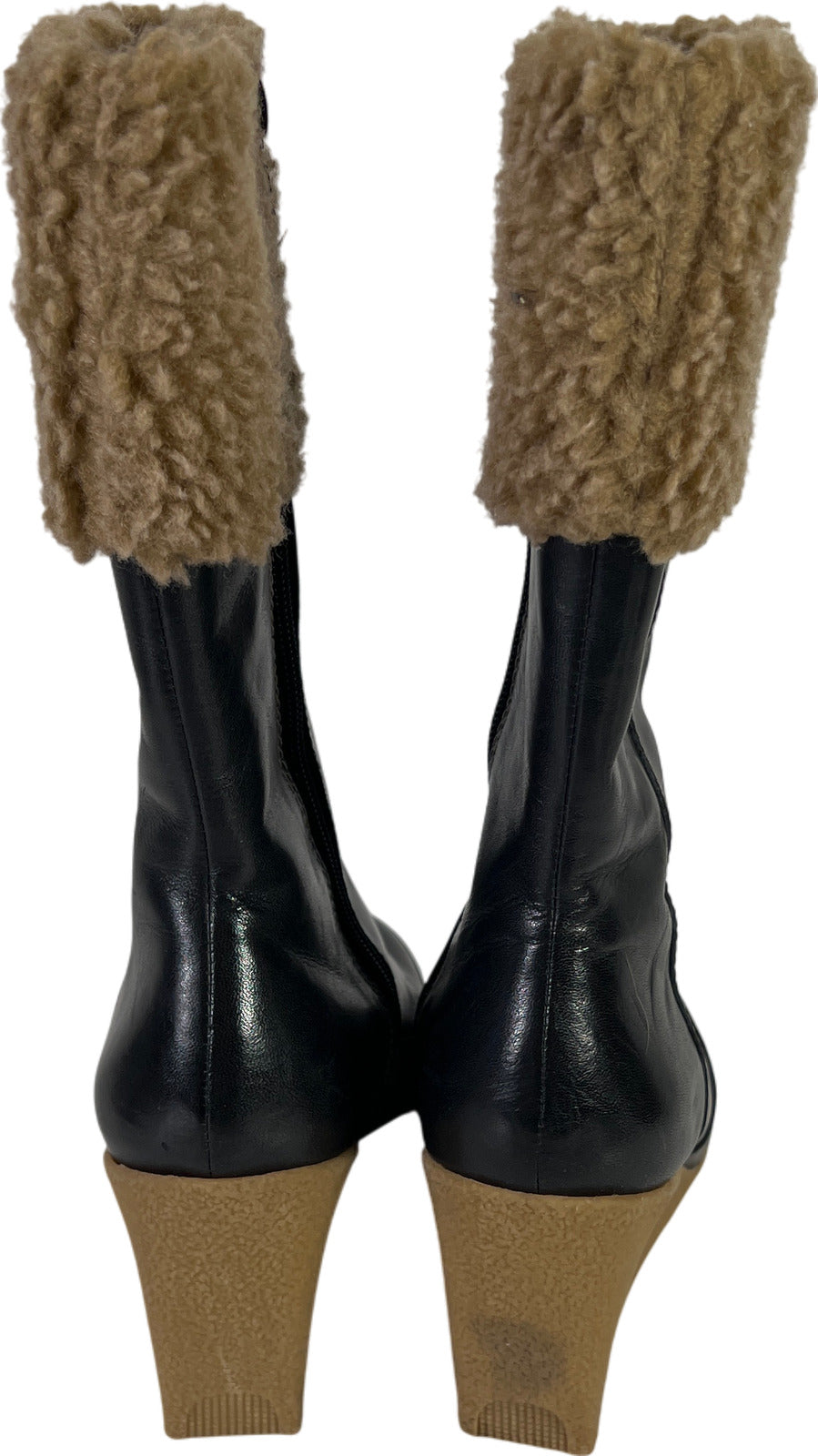 Easy Spirit Women’s Black Leather Faux Fur Side Zip Wedge Mid Calf Boots - 6