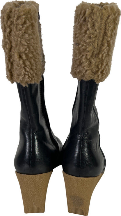 Easy Spirit Women’s Black Leather Faux Fur Side Zip Wedge Mid Calf Boots - 6