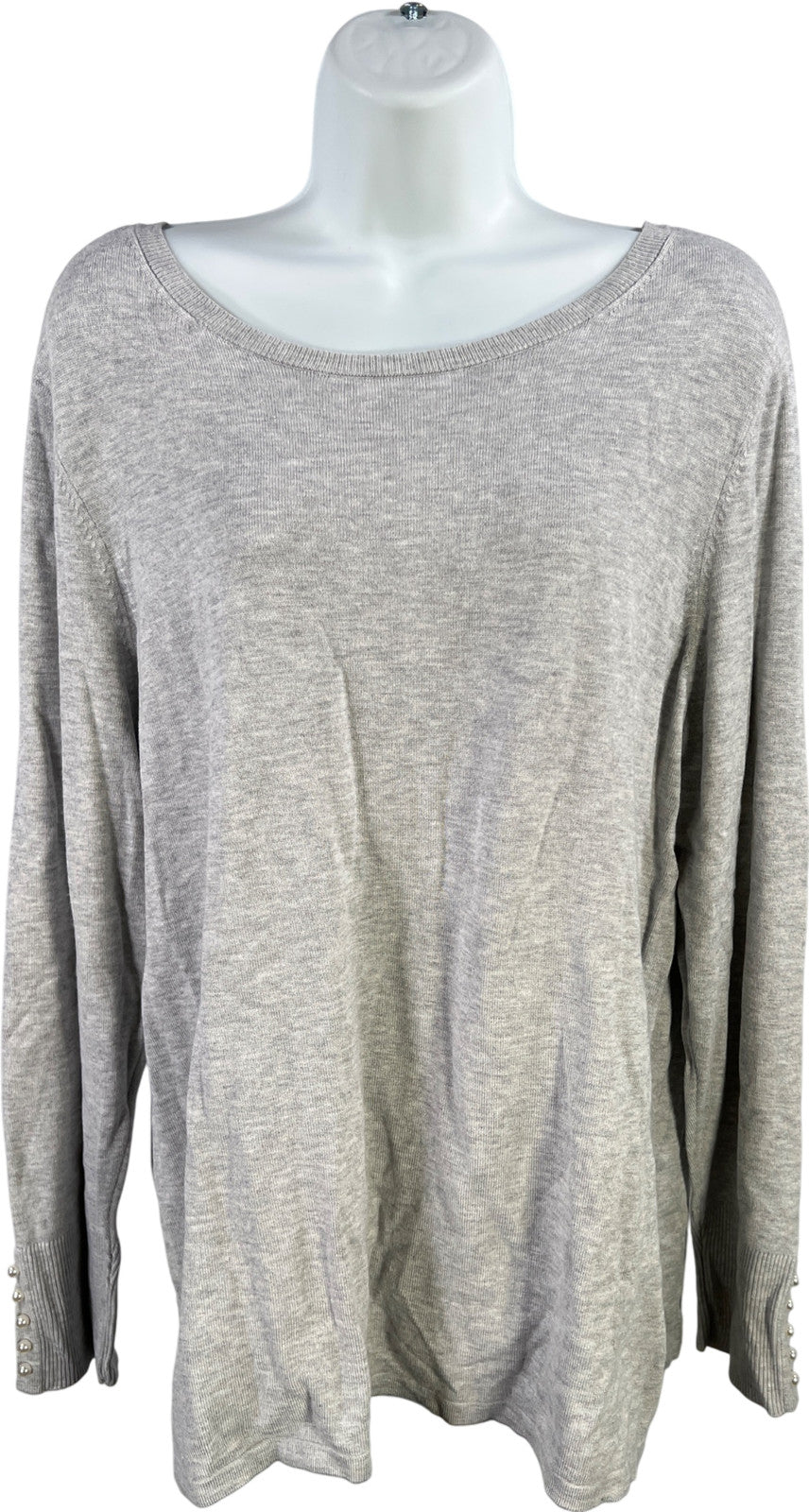 Chico’s Women’s Gray Pearl Accent Long Sleeve Thin Knit Sweater - 2/US L
