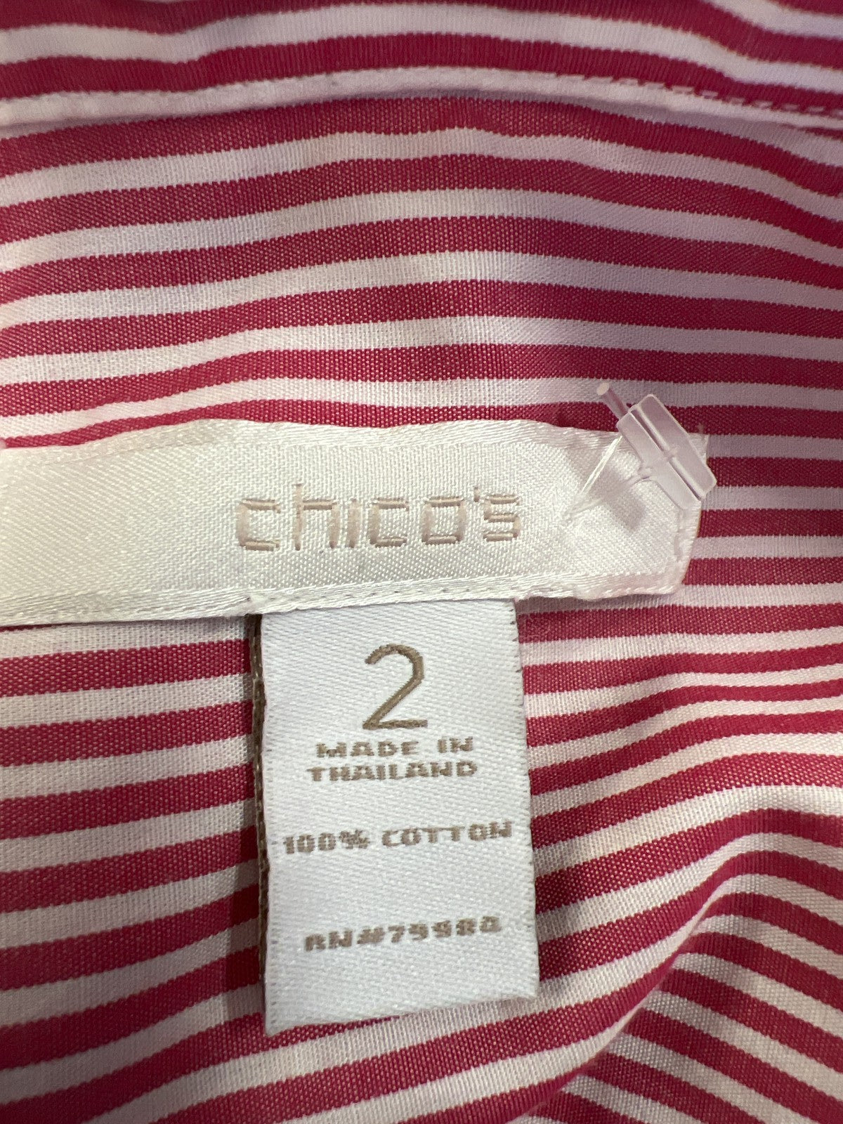 Chico’s Women’s Red/White Striped No-Iron 3/4 Sleeve Button Up Shirt - 2/US L