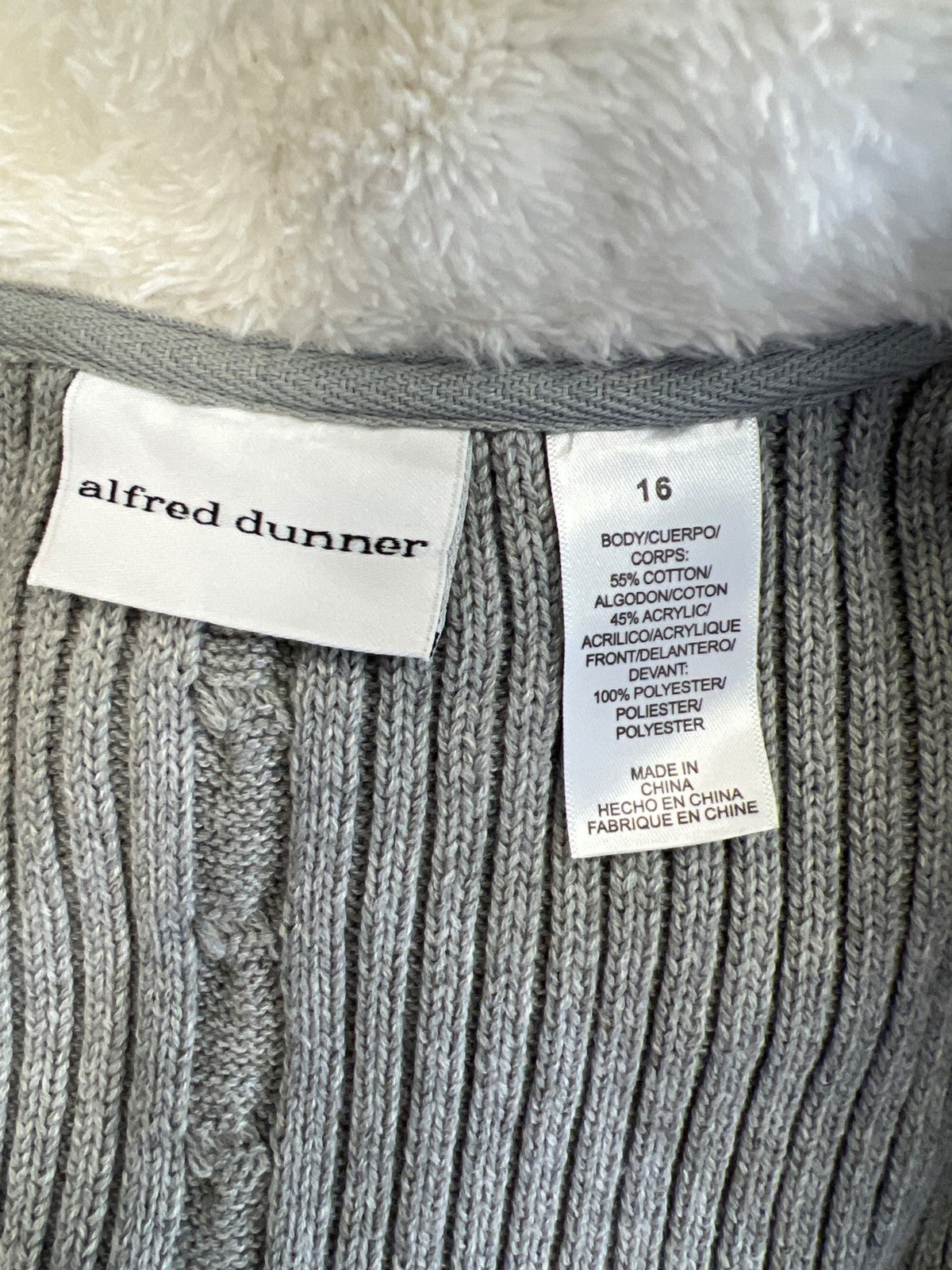 Alfred Dunner Women’s Gray Fuzzy Trim Open Cardigan Sweater - 16