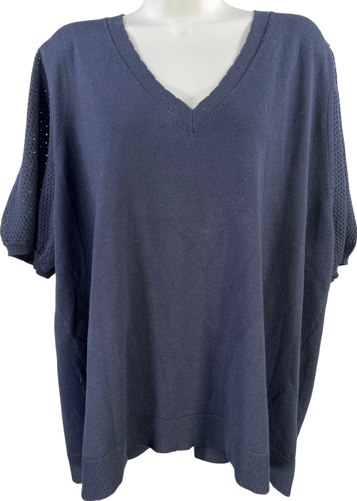 Cable and Gauge Womens Navy Blue Short Perforated Sleeve V-Neck Sweater -Plus 3X