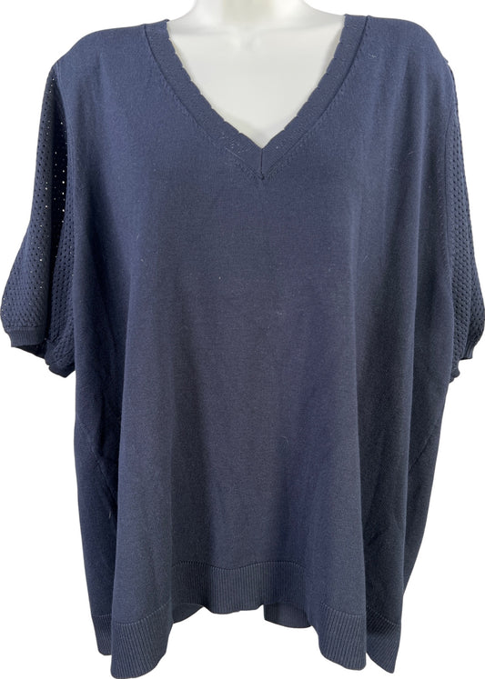 Cable and Gauge Womens Navy Blue Short Perforated Sleeve V-Neck Sweater -Plus 3X