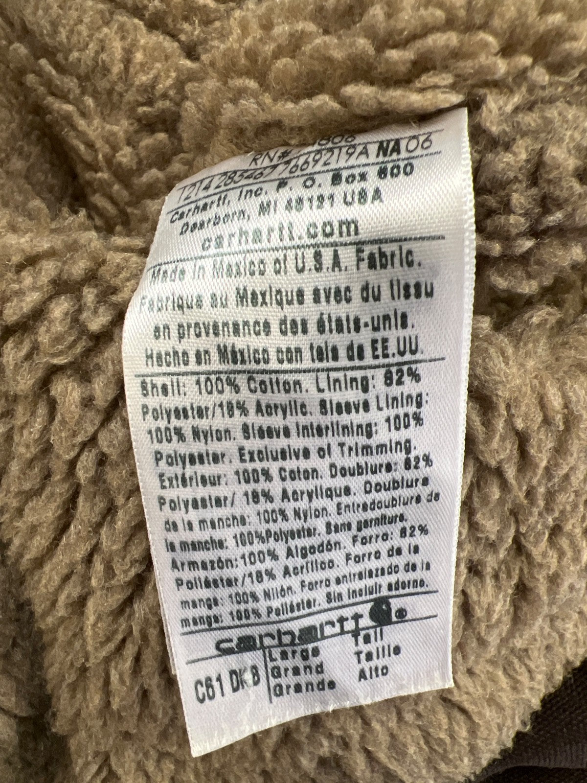 Carhartt Men’s Brown Sherpa Lined Field Duck Work Canvas Jacket - L Tall