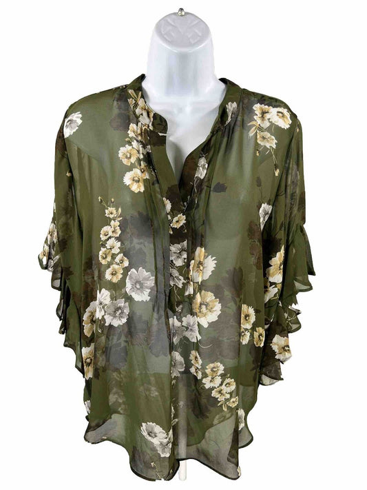 Vince Camuto Women's Green Floral Ruffle Sleeve Sheer Blouse - L