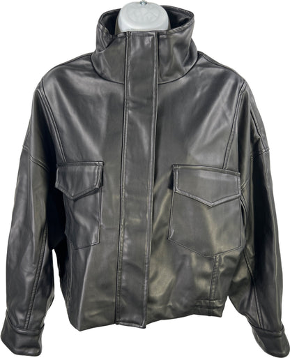 Vigoss Women’s Black Faux Leather Full Zip Cropped Moto Jacket - M