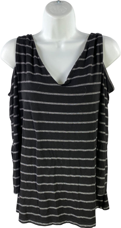 White House Black Market Womens Black Metallic Cold Shoulder 3/4 Sleeve Shirt -L