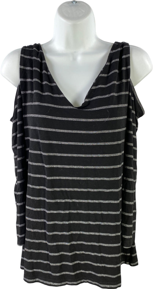 White House Black Market Womens Black Metallic Cold Shoulder 3/4 Sleeve Shirt -L