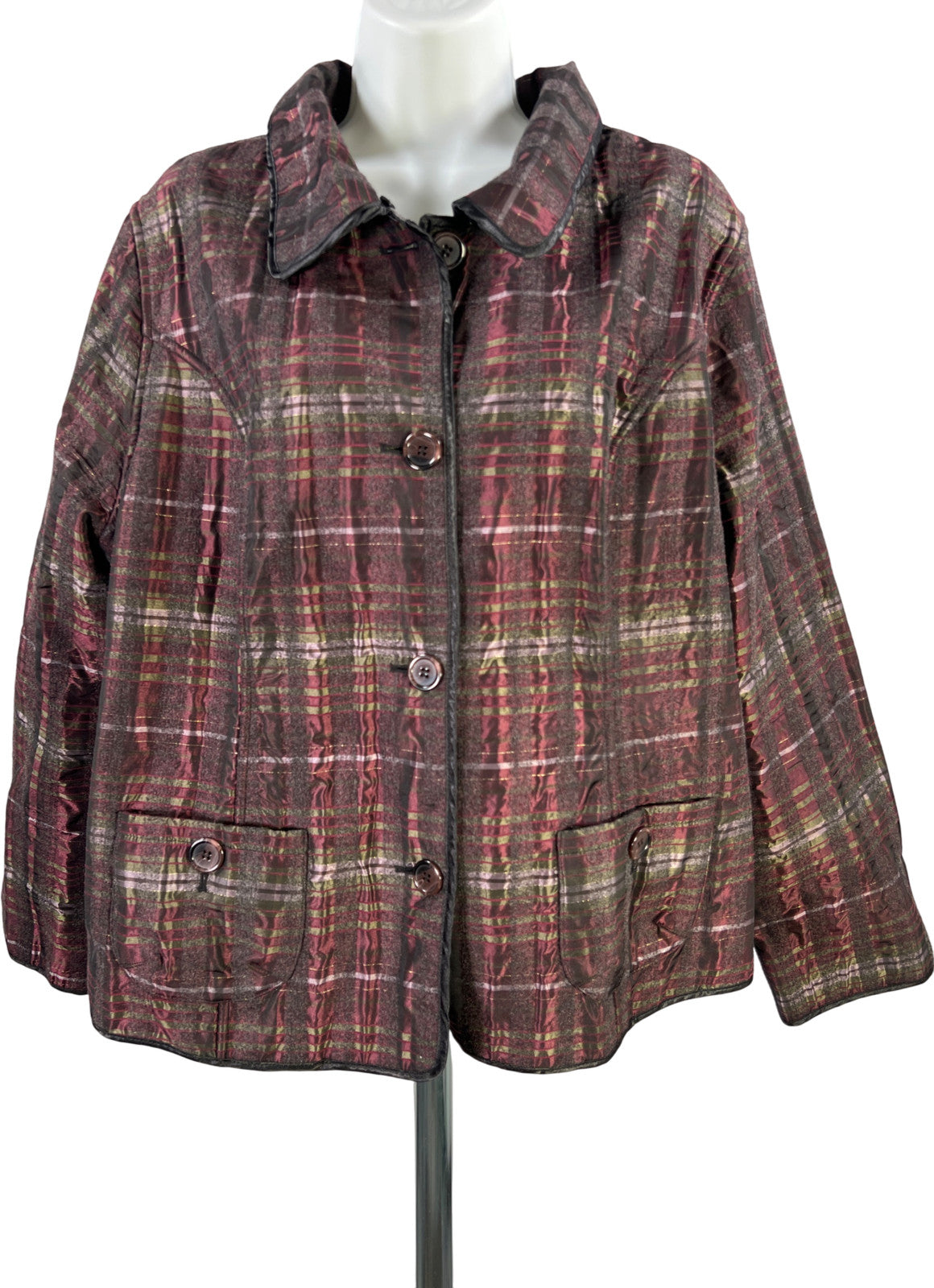 Chico’s Women’s Purple/Gray Plaid Long Sleeve Button Up Basic Jacket - 3/US XL