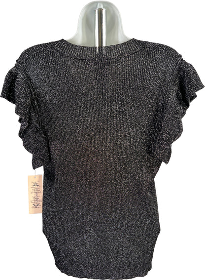 Nanette Lepore Women’s Black Metallic Ruffle Trim Sleeveless Sweater - L