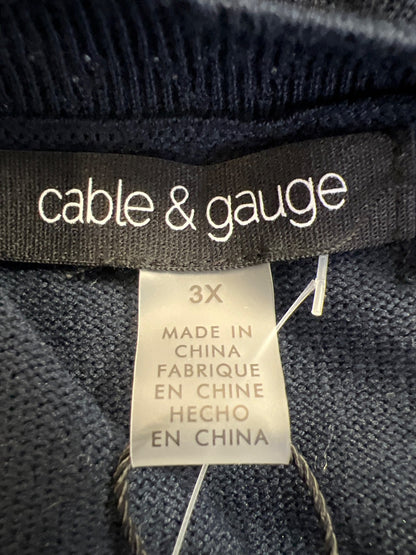 Cable and Gauge Womens Navy Blue Short Perforated Sleeve V-Neck Sweater -Plus 3X