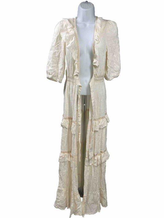 MABLE Women's Ivory Lace & Ruffle Accent Long Duster Sweater - S/M