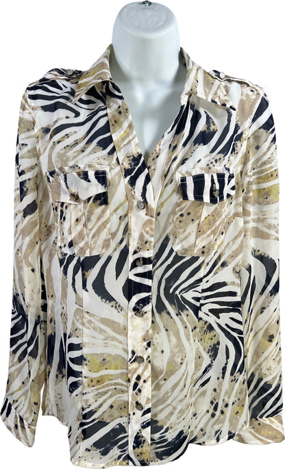 Michael Kors Women’s Beige/Blue Long Sleeve Semi Sheer Button Up Blouse - 2