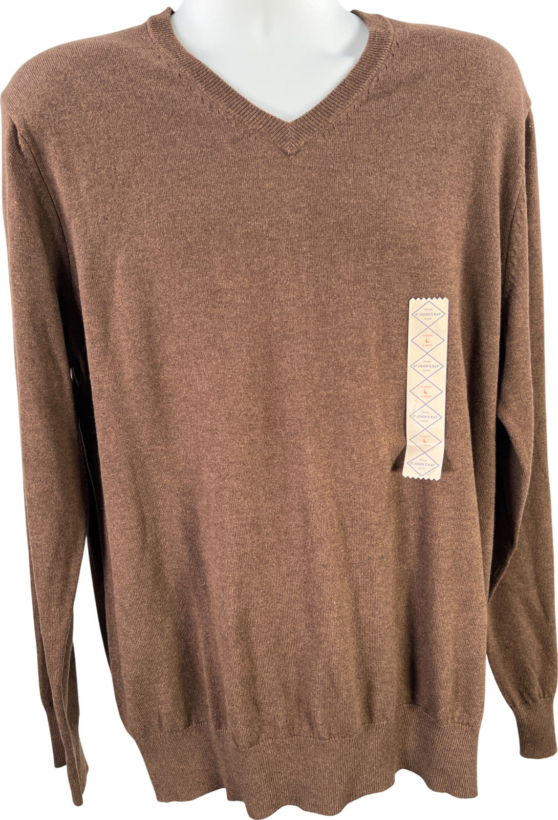 St. Johns Bay Men’s Brown V-Neck Long Sleeve Thin Knit Sweater - L