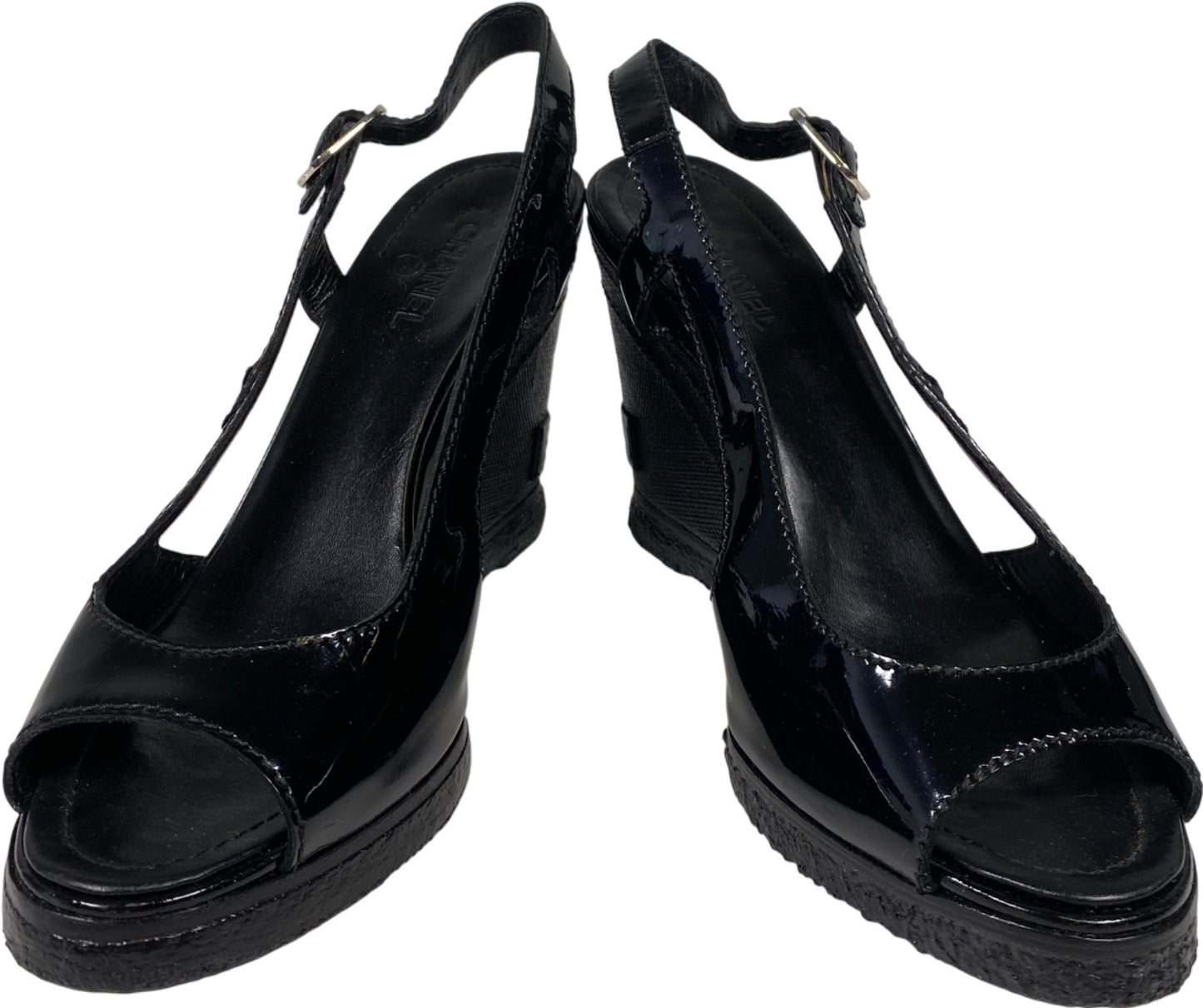 CHANEL Women’s Black Patent Leather Open Toe Wedge Sandals - 36/US 5.5